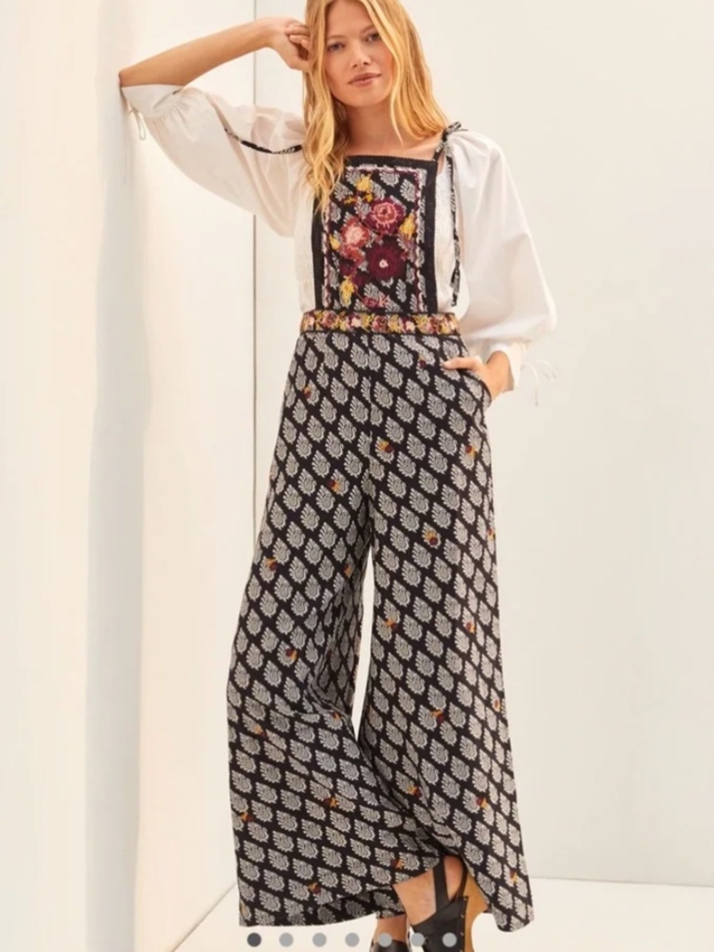 Anthropologie Block Print Crocheted Floral Bodice Jumpsuit